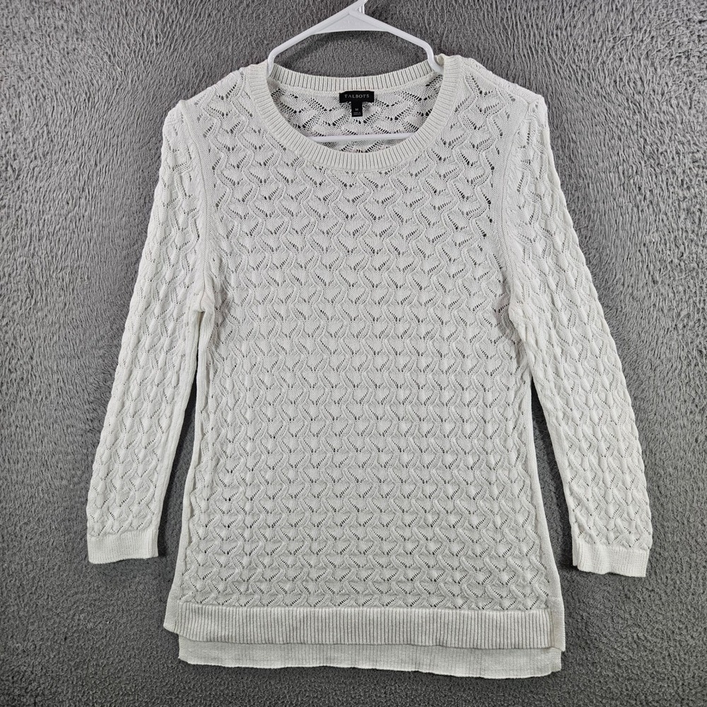 Talbots Womens White Cotton Linen Pointelle Knit Chevron Sweater Size M Ivory